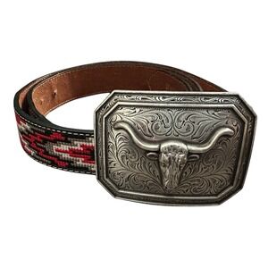 Ariat Men's Southwest Fabric Longhorn Buckle Western Black Red Belt Size 44 READ